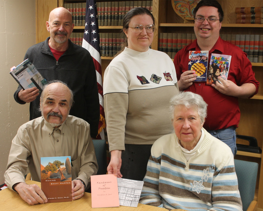 Six Shawano Area Writers will showcase their work at “Afternoon With the Authors” on April 14 at Shawano City-County Library. Participating in the event are, from left, seated, Dennis Vickers and Carol Schlehlein; standing, Dr. Steven Dakai, Wendy Goerl and Lee Pulaski. Not pictured is John Mutter Jr.